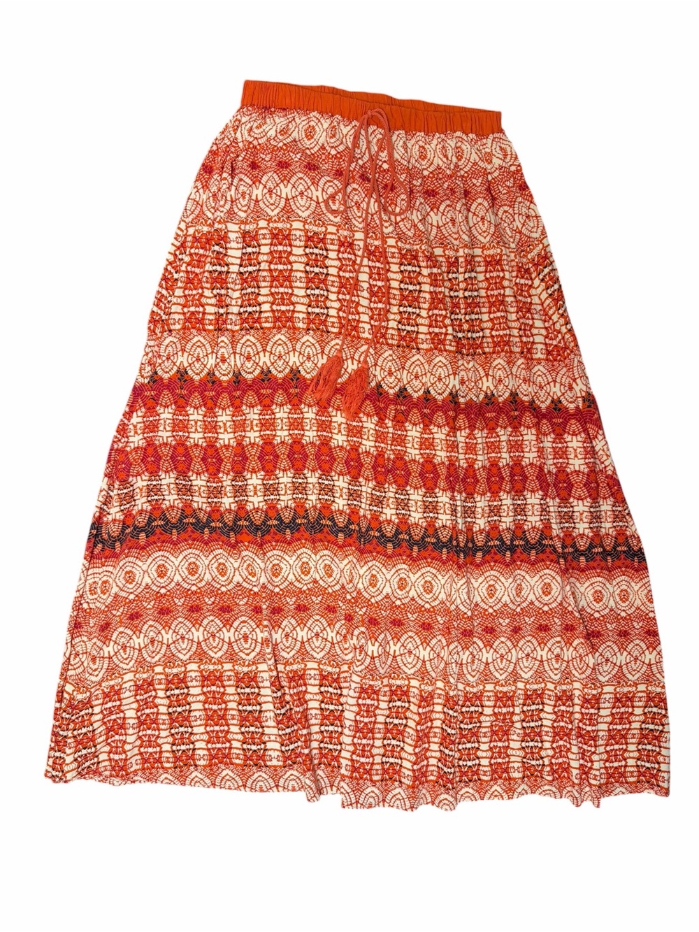 Angie Red Orange Boho Geometric Print Tiered Maxi Skirt L Western - Picture 2 of 5